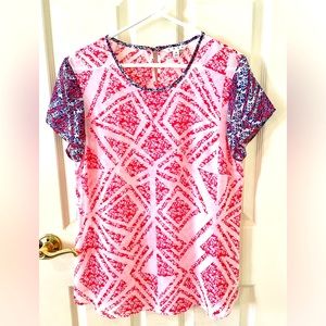 Cabi M Sheer Red & White Short Sleeve Top